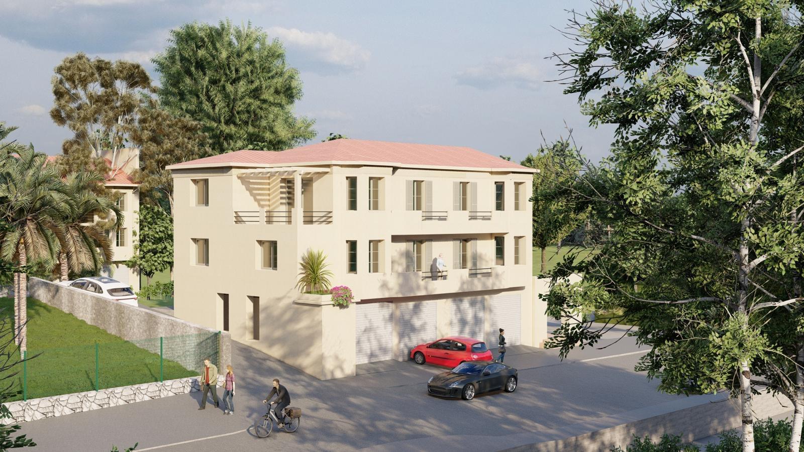 Projection 3D du programme final, 4 logements neufs après réhabilitation et élévation